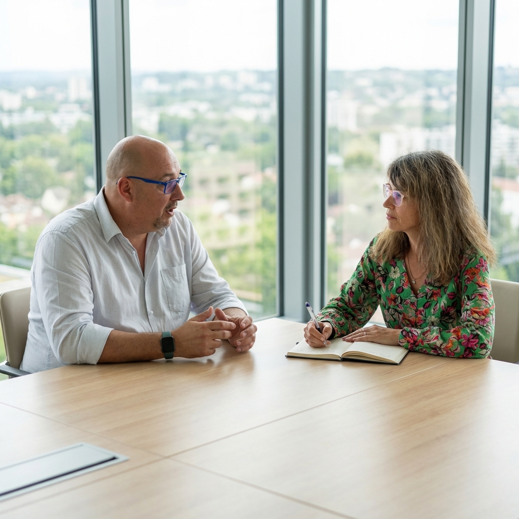 Un homme en chemise blanche et une femme en chemisier floral discutent autour d'une table dans un bureau lumineux avec vue sur la ville. La femme prend des notes dans un carnet