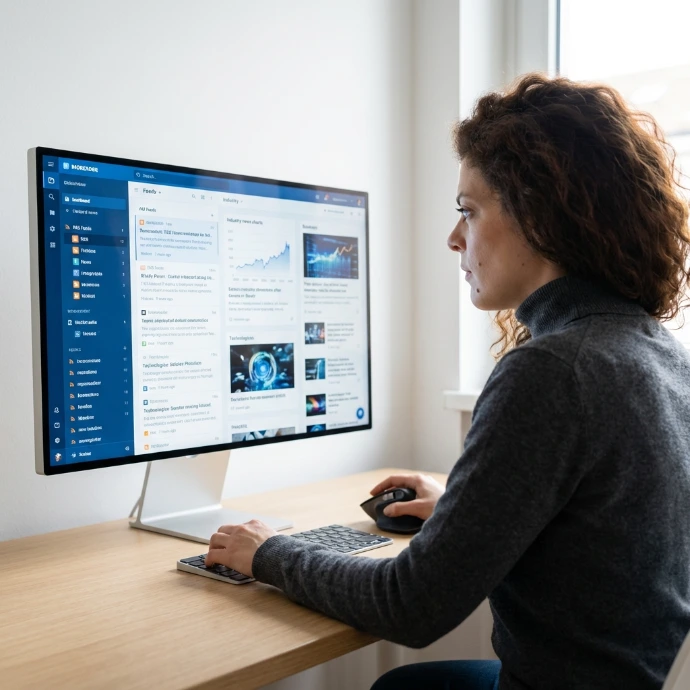 Femme concentrée travaillant sur un écran large affichant des flux d'actualités et des graphiques d'analyse dans un bureau épuré.