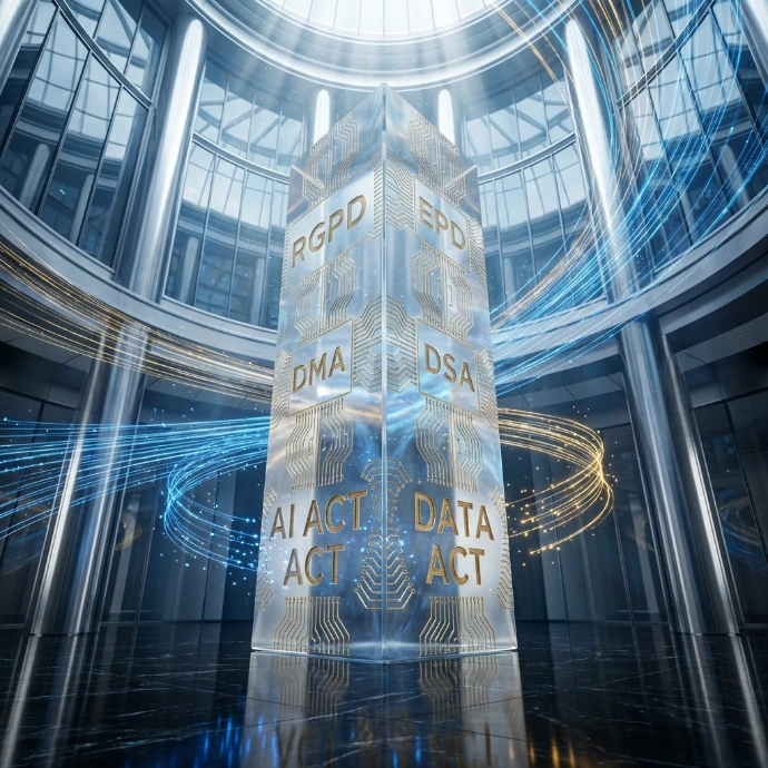 Illustration conceptuelle d'un monolithe en verre gravé des sigles RGPD, AI ACT, DSA et DMA, entouré de flux de données lumineux dans un hall futuriste.