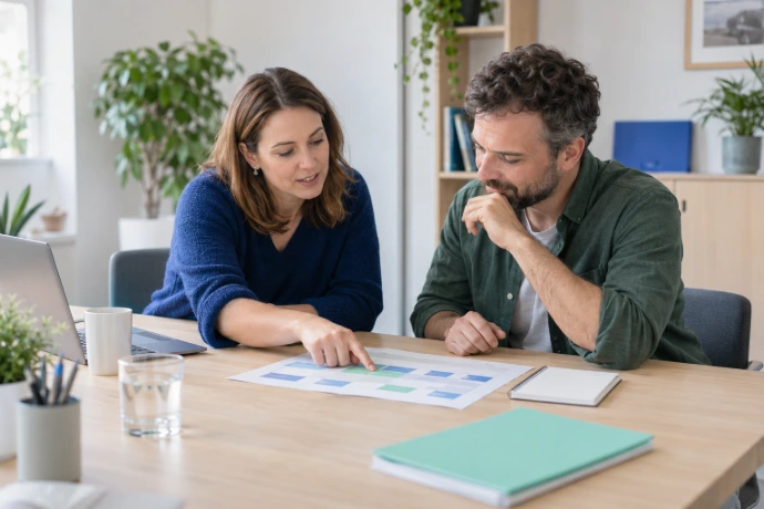 2 personnes qui travaillent ensemble devant des schémas